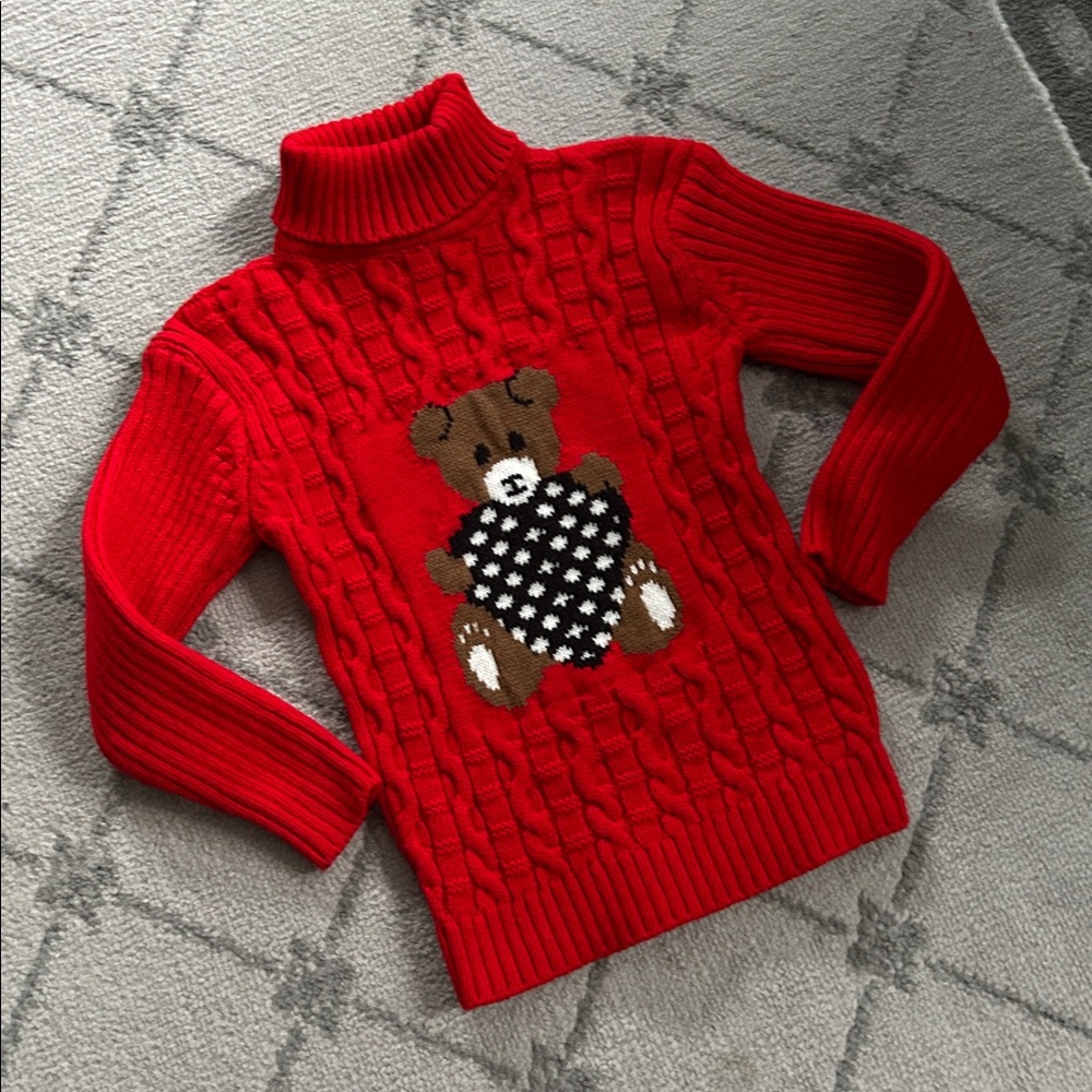 Red Turtleneck Cable Knit Sweater with Bear Heart Design